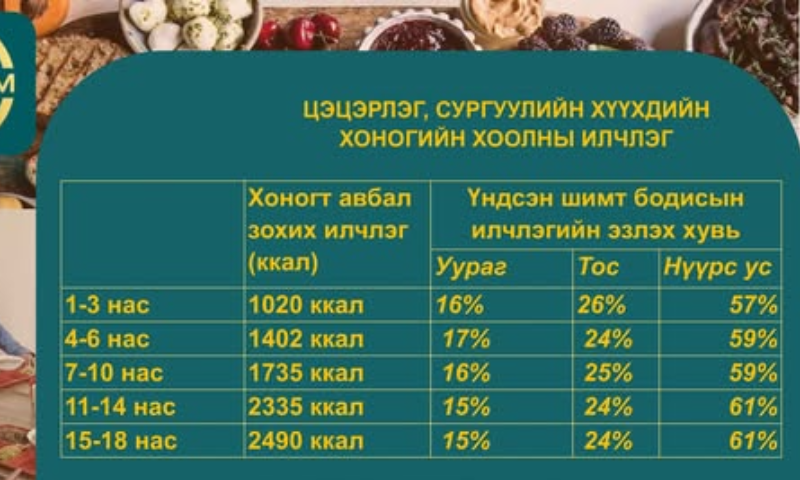 0-18 НАСНЫ ХҮҮХДИЙН ХОНОГТ ХООЛ ХҮНСНЭЭС АВАХ ИЛЧЛЭГИЙН ХЭМЖЭЭ үүнээс цэцэрлэг, сургуулийн орчноос авах илчлэг, хувь 
https://www.facebook.com/photo?fbid=438604365971314&set=a.137361542762266